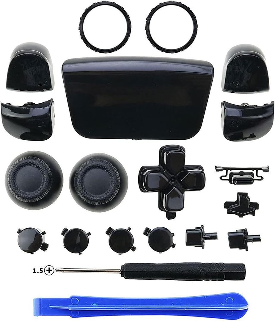 Chrome ABXY Dpad Triggers Buttons Replacement Button Mod Kit +Accent Rings with Tool for Sony PS5 Controller (Chrome Black)