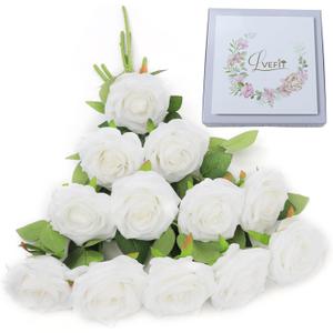 LVEFIT Artificial Rose Flower White Flowers White Roses Silk Flowers 12 pcs with Long Stem Silk Roses Bouquet for Wedding Bridal Shower Party Home Decoration