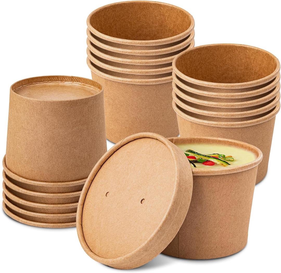 PakTalk 50 Pack Soup Containers with Lids, Disposable and Biodegradable Ice Cream Cups Kraft 12oz Paper Soup Bowls with Lids for Hot Drinking, Food, and Ice Cream