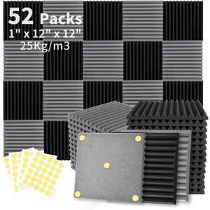 Focusound 52 Pack Black GreyAcoustic Foam Panels 1" x 12" x 12" Sound Proof Foam Panles Soundproofing Noise Cancelling Wedge Panels for Home Office Recoding Studio with 300PCS Double-Side Adhesive