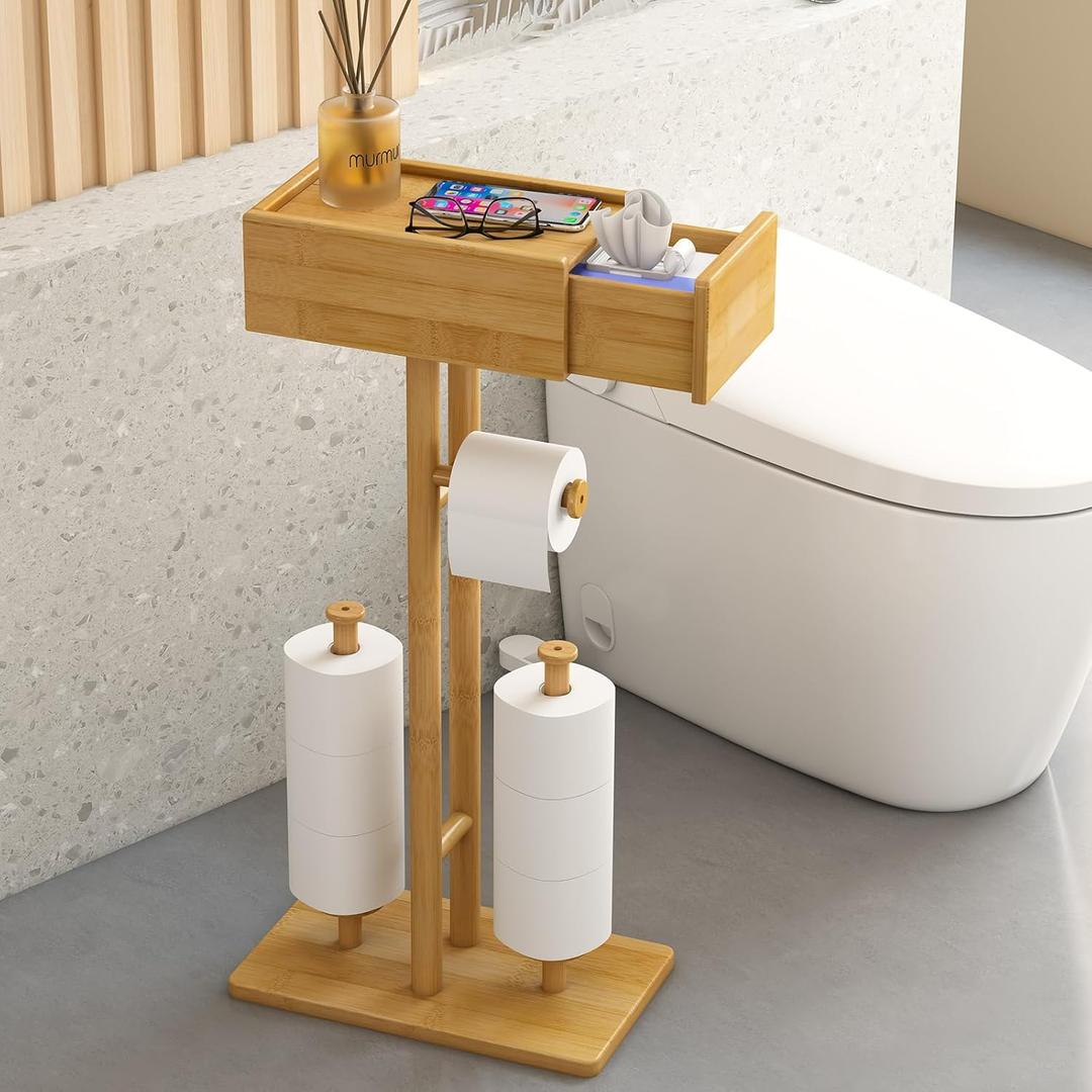 Free Standing Toilet Paper Holder with Storage,Bamboo Stand Toilet Tissue Holder for Mega Roll,Bathroom Freestanding Tp Holder with Drawer for Wipes,Toilet Paper Storage with Shelf, No Drill