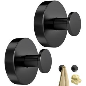 STWWO Suction Cup Hooks for Shower, Heavy Duty Towel Hooks for Bathroom Walls No Damage, Modern Shower Suction Hooks for Kitchen Wall, Glass, Mirror, Tile, Hanging Towels Robes, Black (2 Pcs) pack of 2