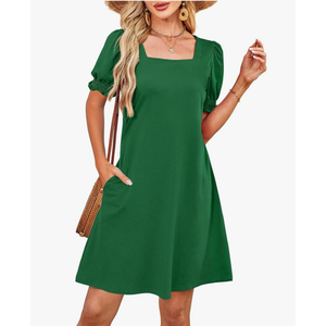 RUMIA Summer Dresses for Women 2025 Casual Cute Square Neck Puff Short Sleeve Dress with Pockets (Green, Small)