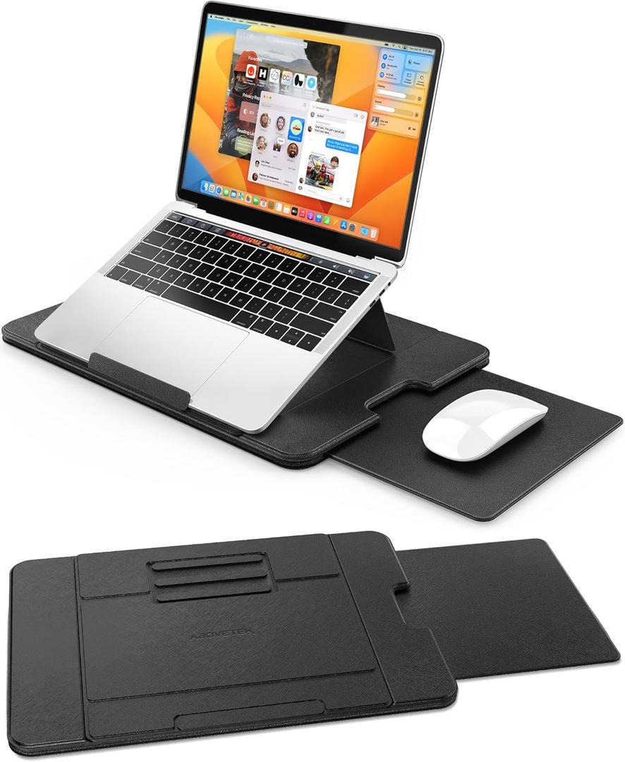 AboveTEK Adjustable Laptop Lap Desk, 3 Ergonomic Angles, PU Leather Non-Slip Surface, Heat Shield, Retractable Mouse Pad, Portable Laptop Lap pad Workstation for Bed, Sofa, Travel (Black)