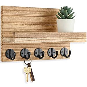 Lwenki Key Holder for Wall, Decorative Key and Mail Holder with Shelf Has Large Key Hooks for Bags, Coats – Paulownia Wood Key Hanger with Mounting Hardware (9.8”W x 6.7”H x 4.2”D) (Burnt Wood)