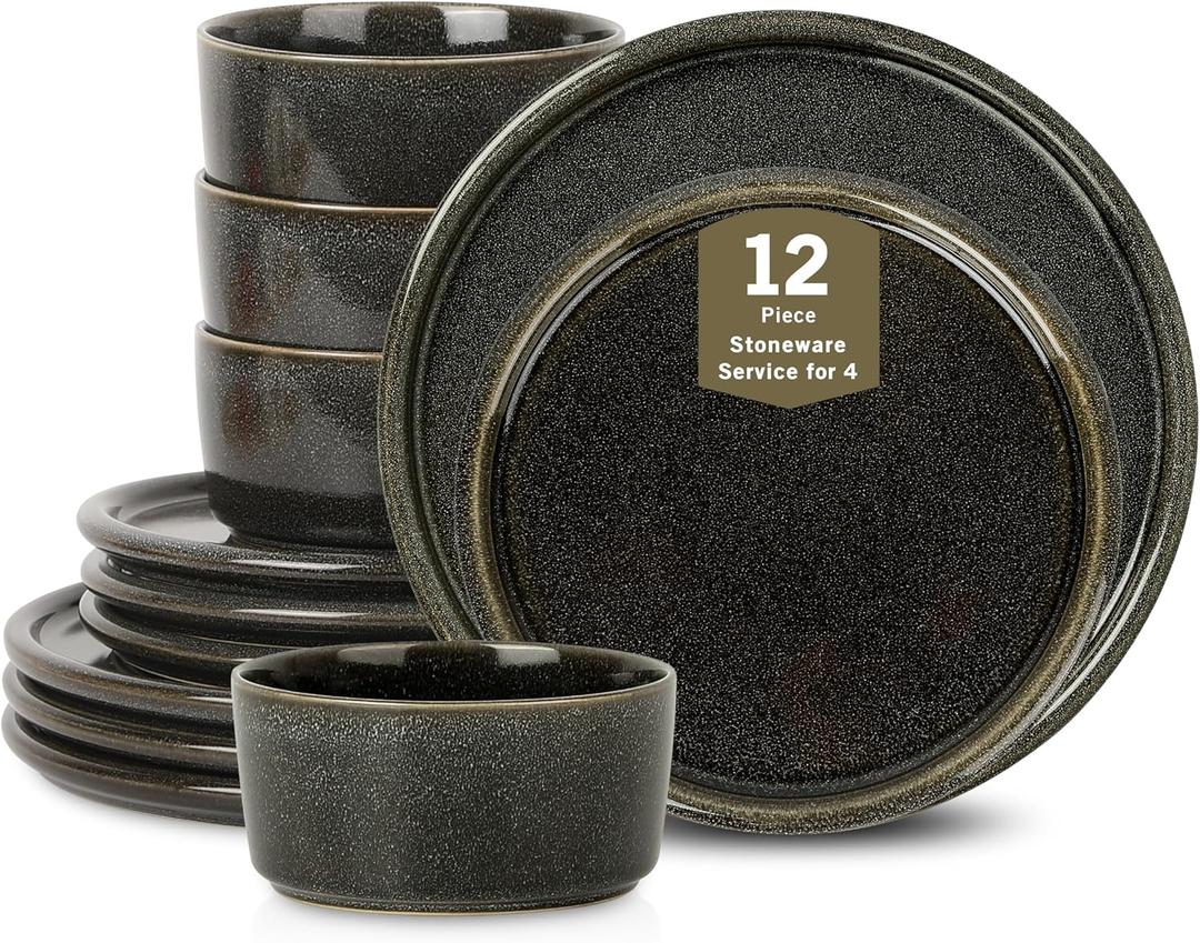 Stone Lain Eden 12-Piece Dinnerware Set Stoneware, Plates and Bowls Set, Dishwasher and Microwave Safe Dish, Dish Set for 4, Charcoal Grey (12-Piece - Service for 4)