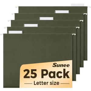 SUNEE Hanging File Folders, 25 Pack Reinforced Hang Folders Letter Size, Adjustable 1/5-Cut Tabs, Designed for Bulky Files, Filing Cabinet, Standard Green