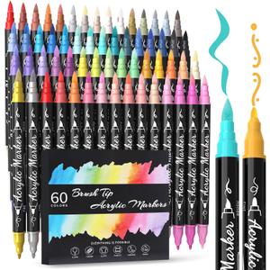 TOSHARE 60 Colors Acrylic Paint Markers, Brush & Fine Dual Tip Acrylic Paint Pens for Rock, Wood, Paper, Fabric, Canvas, Glass, Ceramic, Egg, Scrapbook and DIY Crafts Supplies Art Gifts