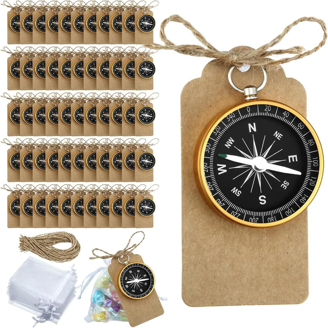 Weewooday 50 Sets Compass Wedding Favors for Guests Souvenir Present Nautical Mini Travel Themed Party Decorations with Kraft Tags and Drawstring Pouch Birthday Christmas Ornament, Silver