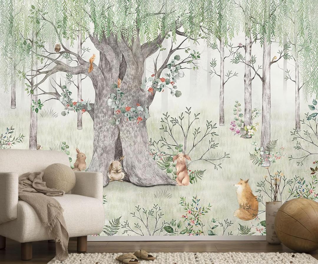 Watercolor Forest Animals Wallpaper Kids Large Tree Mural Wallpaper for Kids Bedroom Living Room(Not Self-Adhesive) (149" x 96", 230)