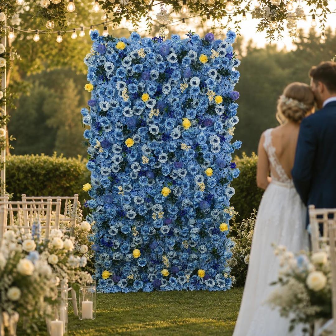 4x8 FT Blue Hydrangea Rose Artificial Flower Wall Backdrop for Events, Normal