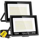 YQNLIFA 150W Outdoor LED Flood Lights with 10FT Power Cord, 18000LM 5000K White Floodlight, IP66 Waterproof Plug in Flood Light Outdoor Yard Lights for Garden, Garage, Yard, Lawn, Stadium (2 Pack)