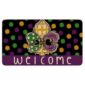 Mardi Gras Door Mat, Green Alligator New Orleans Carnival Masquerade Mask Beads Indoor Outdoor Non-Slip Doormat, Entryway Front Porch Welcome Mat for Entrance Decor 30" x 17"