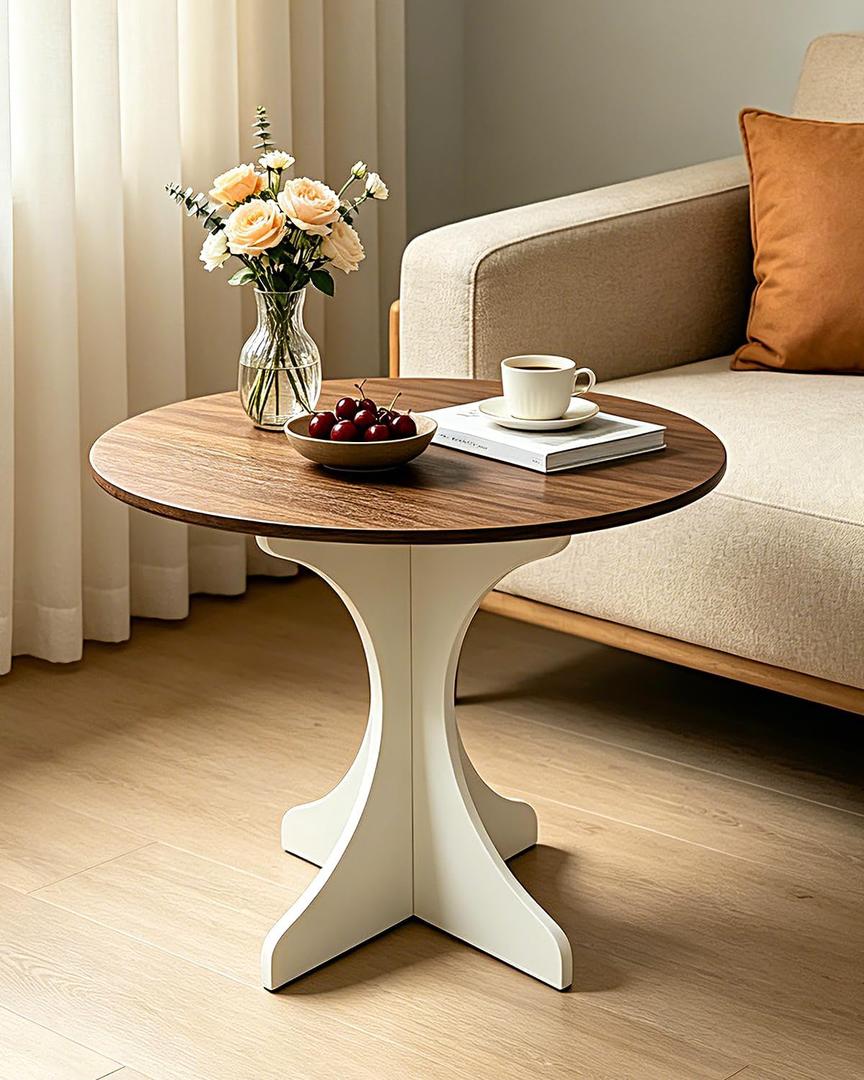 24inch Round Side Table, Mid Century Modern Accent End Table with Amber Wood Grain Tabletop & White Base for Living Room Bedroom Small Space, Farmhouse Coffee Nightstand Bedside, Easy Assembly