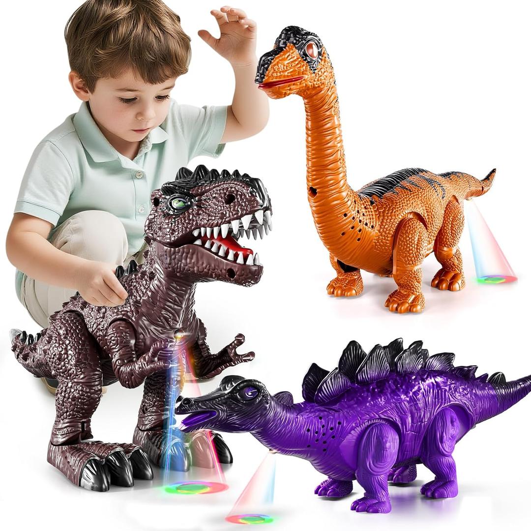 Lucky Doug 3 Pack Electric Realistic Dinosaur Toys with Simulated Sounds  Lights for Boys Kids Aged 3 4 5 Years Old - Perfect Jurassic Tyrannosaurus Rex Gift for Birthday 3-5 Years