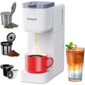 Single Serve Coffee Maker Hot and Iced with Bold Brew, Small Coffee Machine for K Cup and Ground, Fits 7.3'' Travel Mug, Brews up to 16 Oz, 5 Cup Sizes, for Office, RV& Hotel, Elegant White