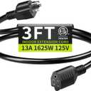 16/3 3FT 13A 125V 1625W, Black Indoor Extension Cord, Short Extension Cord for Laptops, Coffee Makers, Office Home Appliances, 3 Prong Small Resistant Cable Flexible, ETL Listed