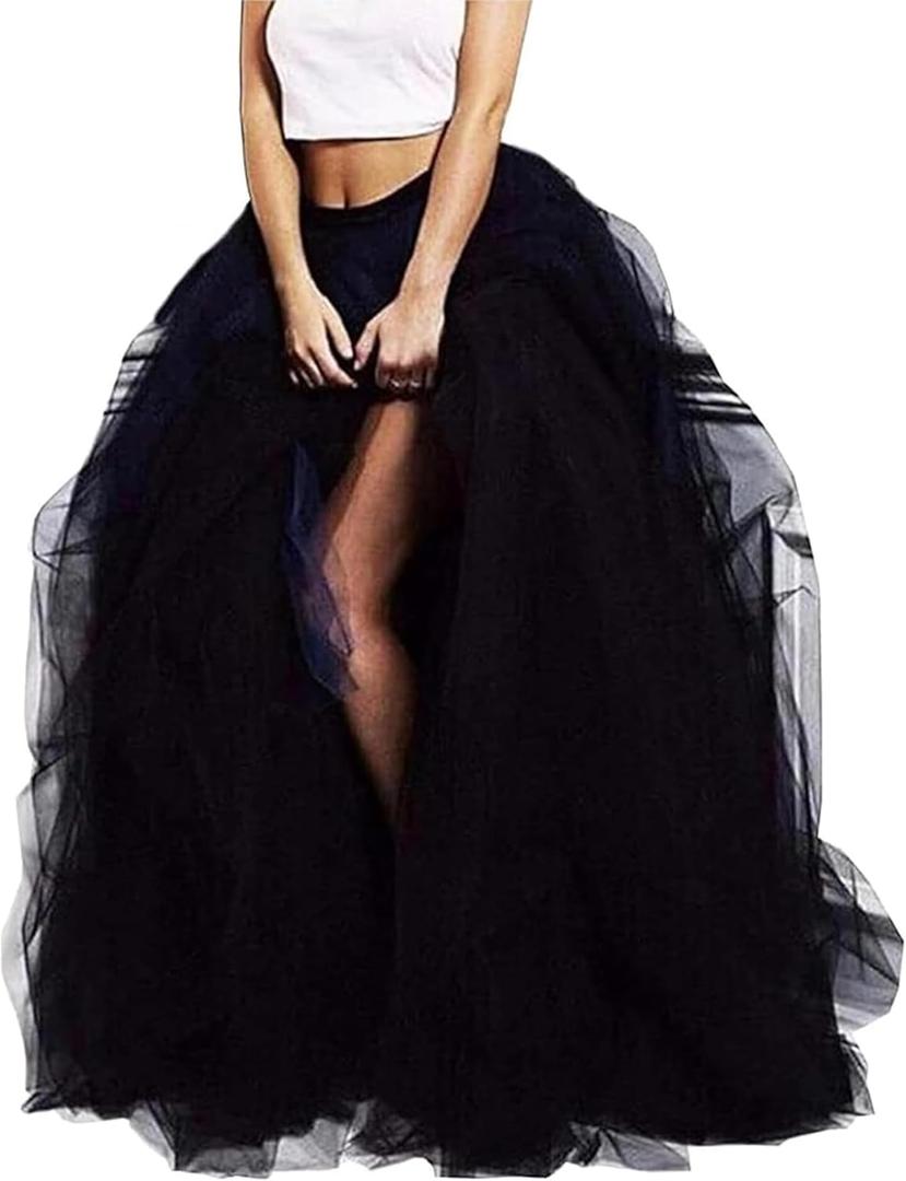 Lisong Women Maxi Tulle Floor Length Layered High Waist Spectial Occasion Skirt (XS, Black)