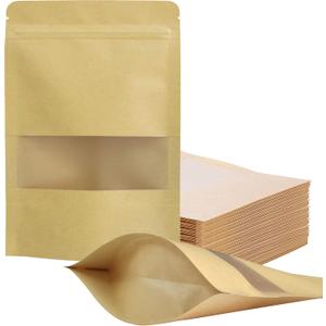 FireKylin 100 Pcs Resealable Bags,4.7" x 7.9" Stand Up Kraft Paper Bags with Matte Window, Zip Lock Food Storage Bags for Packaging Products, Reusable, Sealable (Brown)