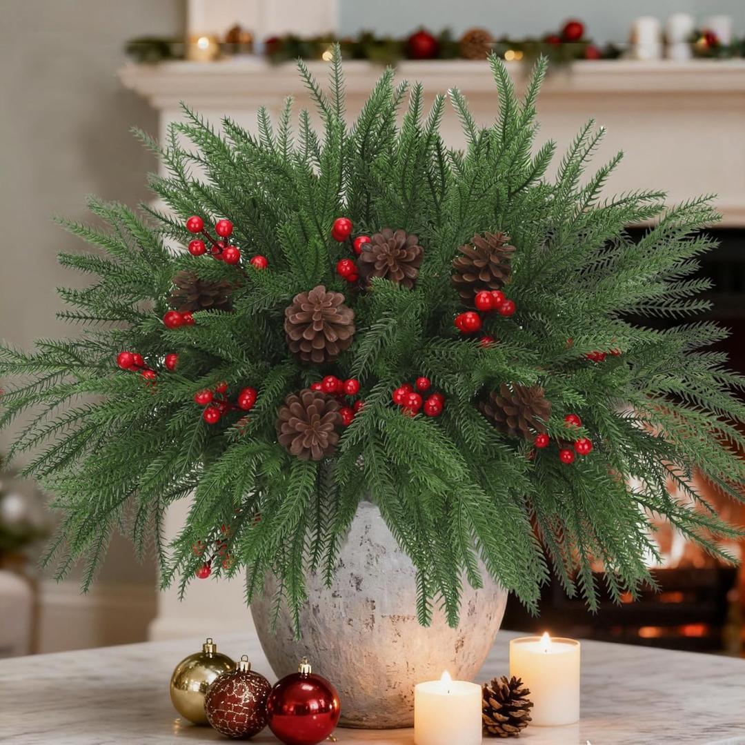 Bassion 12 Pcs Real Touch Christmas Norfolk Pine Stems Branches, 18" Realistic Norfolk Pines Picks with Faux Pinecones and Artificial Berries Greenery for Vases Xmas DIY Crafts Holiday Home Decor