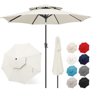 FLAME&SHADE 9ft Patio Umbrella - 2 Tiers Outdoor Umbrella with Push Button Tilt and Crank for UV Protection, Table Market Umbrella for Garden, Deck, Backyard, Pool and Beach(Ivory)