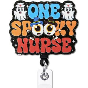 2 x YAZMEEN Funny Halloween Badge Reel Gifts - One Spooky Nurse - Retractable Badge Holder with Alligator Clip - Black Glitter Acrylic ID Card Holder - Gifts for RN ICU ER Nurse Doctor Night Shift Work