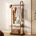 31.5" Wide 3-in-1 Freestanding Clothing Rack,Wooden Coat Rack with 2 Shelves and 6 Hooks,Solid Rubber Wood Coat Rack with Shelves for Entryway, Bedroom, Living Room, Walnut