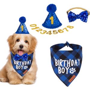ADOGGYGO Dog Birthday Party Supplies, Multi Size Offered, Blue Birthday Boy Dog Bandana, Pet Party Hat with Numbers Bow for Small Puppies (Small)