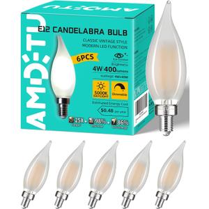 AMDTU E12 Type C 5000k Bright 40 Watt Equivalent Frosted LED Bulb Candelabra Candle Dimmable Small Base Chandelier Light Ideal for Dining Rooms Living Rooms and bedrooms Long Lasting Light