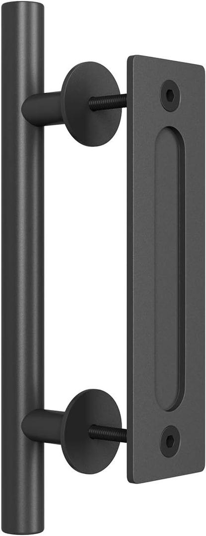 SMARTSTANDARD 12" Heavy Duty Sliding Barn Door Handle, Pull and Flush Hardware Set, Black Powder Coated Finish, Large Rustic Two-Side Design, Round