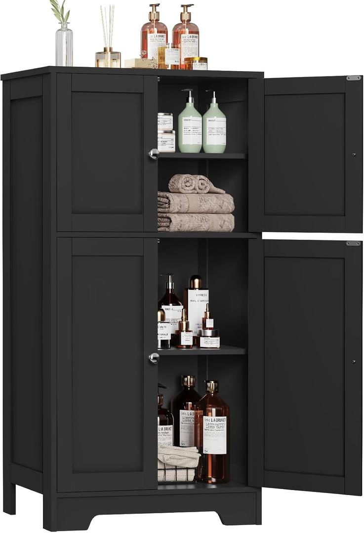 Iwell Storage Cabinet with 2 Adjustable Shelves & 4 Doors, Bathroom Storage Cabinet, Cupboard for Living Room, Entryway, Home Office, Black