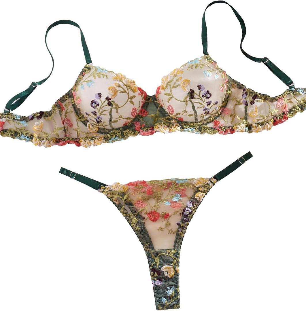 Sexy Floral Embroidered Flower Mesh Underwire Push Up Lingerie Set (Green, XL)