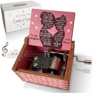 Music Box Gifts for Daughter from Mom, I Love You Daughter Gifts You are My Sunshine Hand Crank Wooden Musical Boxes to Daughter on Birthday Christmas Graduation Thanksgiving Mothers Day Pink