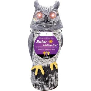 Owlsome Solar Owl with Colored Flashing Eyes, Rotating Head, Hoot Sound, Motion Detector and Silent Mode, Plastic Owl Garden Sculpture, Garden Decoration