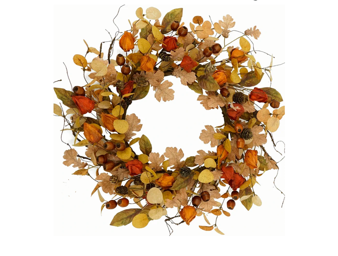 Artificial Fall Wreath for Front Door Autumn Wreath with Golden Eucalyptus Leaves,Oak Leaves for Indoor Outdoor Farmhouse Home Wall Window Festival Wedding Decor