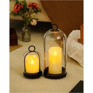 Glass Hurricane Candle Holders for Pillar Candles, Set of 2 (5" & 4" Wide) with Sturdy Glass Dome & Brass Base for Farmhouse, Shabby Chic Vintage Decor (Matte Black)