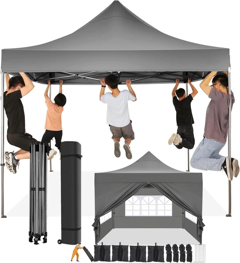 COBIZI 10x10 Pop Up Canopy with 4 Sidewall,Heavy Duty Canopy UPF 50+ All Season Wind Waterproof Commercial Outdoor Wedding Party Tents for Parties Canopy Gazebo with Roller Bag(10 x 10 ft Gray)