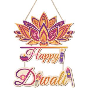 HLNIUC Happy Diwali Wooden Sign 2 Pcs,Rustic Indian Festival of Light Party Wood Signs,Lotus Diwali Party Games Hanging Plaque,Indian Happy Diwali Wreath Door Hanger for Porch Home Indoor Outdoor (Halloween)
