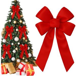 12 Pack Satin Christmas Red Bows with Ties 9" W x 13" L Christmas Wired Edge Ribbon Ornament Wreath Bows for Xmas Tree Wreath Fence Stairs Railing Fireplace Home Outdoor Front Door Decoration
