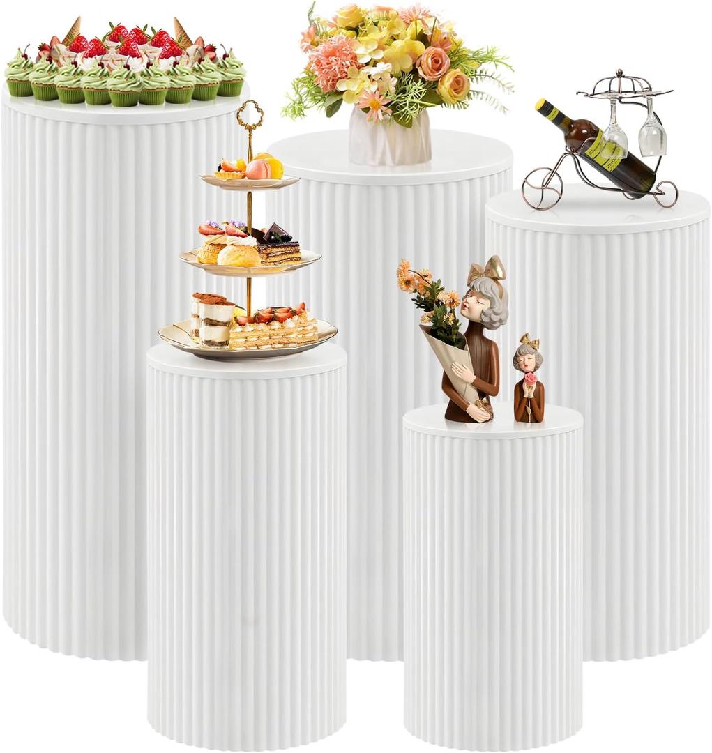 Cylinder Stands for Party, 5Pcs Metal Pleated Cylinder Pedestal Stand Heavy Duty White Cake Cilindros Para Fiestas Parties Round Cylinder Display Flower Plant Stand for Wedding Birthday Party Decor