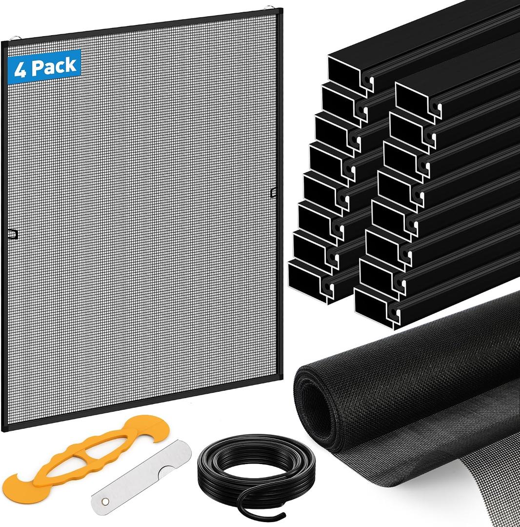 4 Pack Black Window Screen Frame Kit with Aluminum Frames Up to 46" X 46" | 46"X99" Heavy Duty Polyester Mesh for Windows Screen Replacement, Includes All Tools & Hardware for Home, Patio, Porch