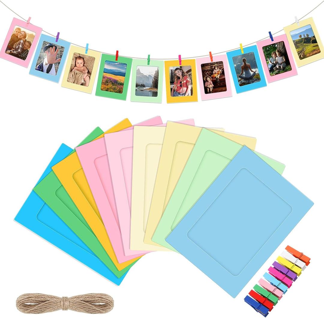 Janlaugh 100 Pcs Paper Photo Frames 4x6 Paper Picture Frame with 100 Clip 10 String Kit DIY Hanging Cardboard Photo Holder Back to School Wall Decor Wedding Home (Colorful)