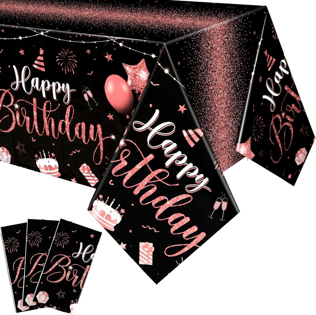 Tudomro 3 Pcs Happy Birthday Tablecloths Happy Birthday Party Decorations Plastic Table Cover Rectangular Cloths for Women Men Baby Shower Party Supplies, 108 x 54 Inch (Black Rose Gold)