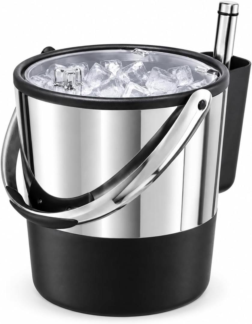 Oggi Insulated Ice Bucket, 4 Quart / 3.8 L, Stainless Steel, Black.