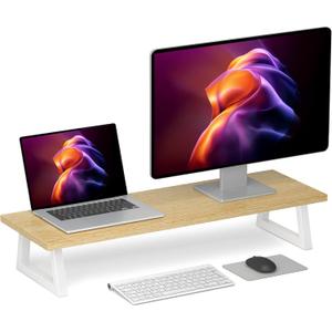 TEAMIX 31.5 inch Dual Monitor Riser - Wide TV Stand for 2 Monitors - Wood & Steel Desktop Riser for Dual Screen Office Desk Organization (Maple)