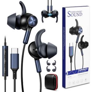 USB C Earbuds Wired Headphones with Secure Wingtip,4.9FT Noise Canceling USB Type C Earphone,In Ear Buds Head Phones for iPhone 17 Pro Max Air 16e 16 15,HiFi Stereo Headset for iPad A16 Galaxy S25 A17