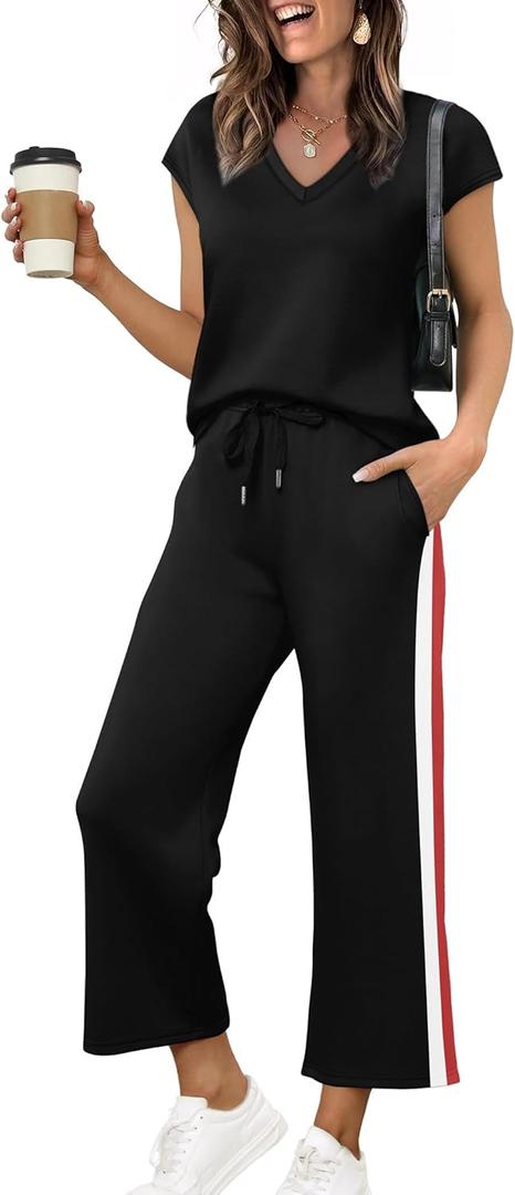Saloogoe Two Piece Sets for Women Summer Outfits Lounge Sets V Neck Tops Wide Leg Pants Woman Vacation Travel Outfits XL