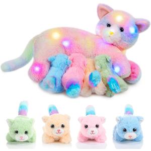 Skylety Nurturing Cat Stuffed Animal with 4 Plush Kittens, Cat Baby Stuffed for Girls Boys Plushy Mommy Kitty with Baby Kittens for Christmas Birthday Party Favors Gifts(LED Style)
