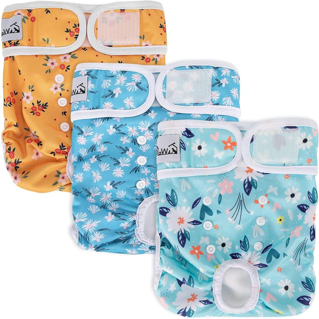SlowTon Washable Dog Diapers Female - 3 Pack No Leak Reusable Doggie Puppy Diaper with Adjustable Buttons, Comfortable Female Dog Diapers for Heat Cycle Period Small Medium Large Dogs (S)