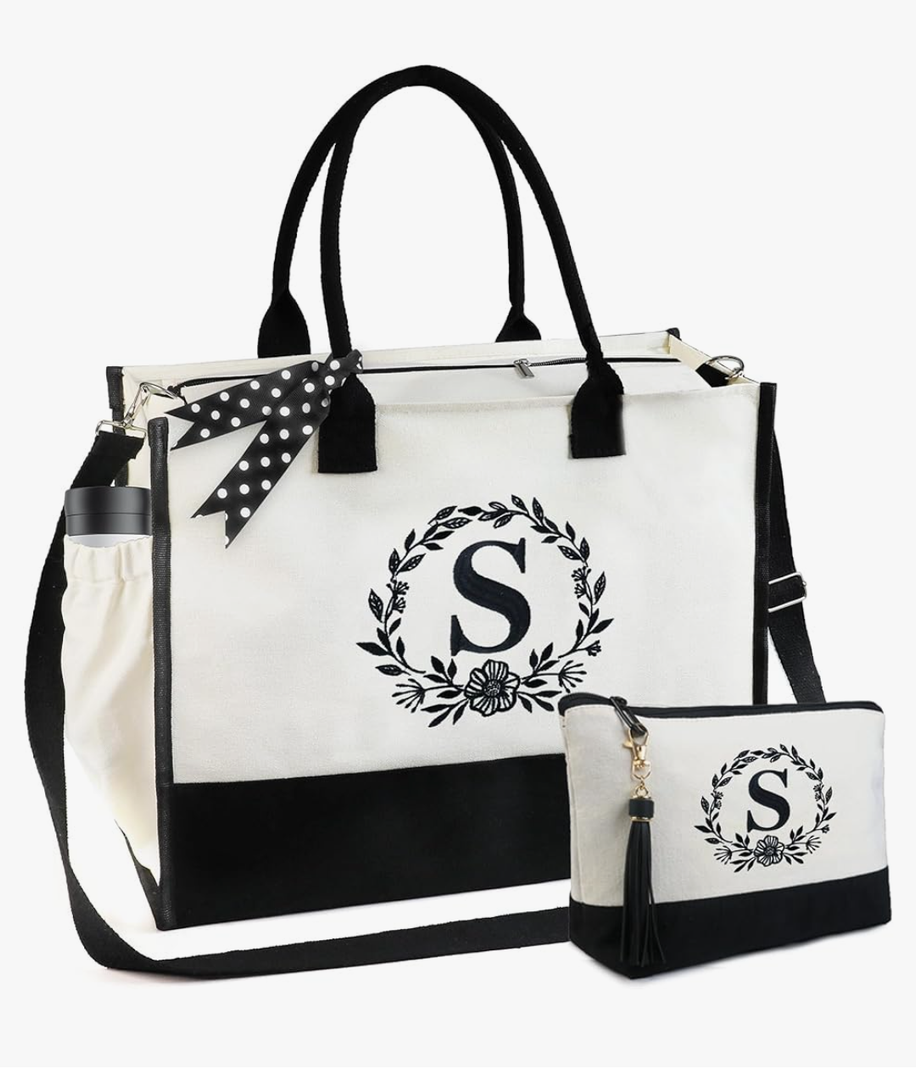 BeeGreen Gifts for Women, Initial Tote Bag for Her Mother Coworkes Teacher, Personalized Birthday Bags with Make-up Bag, Large Canvas Totes with Zipper and Shoulder Straps Letter S